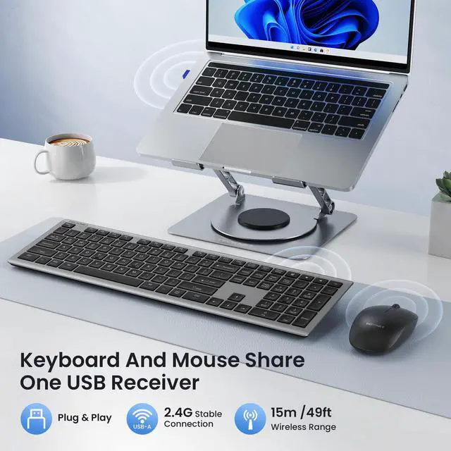 Alt view image 2 of 7 - Wireless Keyboard and Mouse Combo, Rechargeable Ultra-Slim Full-Size Keyboard with 12 Multimedia Keys and Silent Click Mouse, 2.4G Plug and Play, Compatible with PC/Laptop/Smart TV - Grey