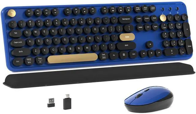 Main image of Colorful Wireless Computer Keyboard and Mouse Combo with Round Typewriter Keycaps, Retro Design, Power Switch, Ergonomic Design, 2.4GHz Wireless for Windows, Mac, PC(Black-Blue)