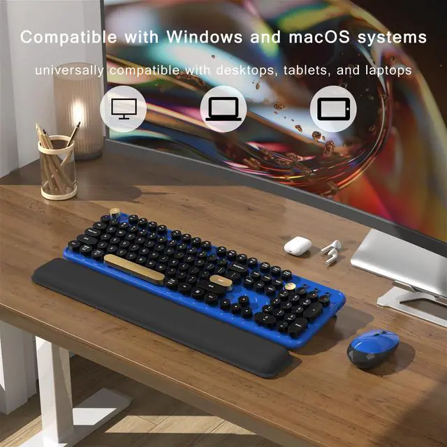 Alt view image 3 of 6 - Colorful Wireless Computer Keyboard and Mouse Combo with Round Typewriter Keycaps, Retro Design, Power Switch, Ergonomic Design, 2.4GHz Wireless for Windows, Mac, PC(Black-Blue)