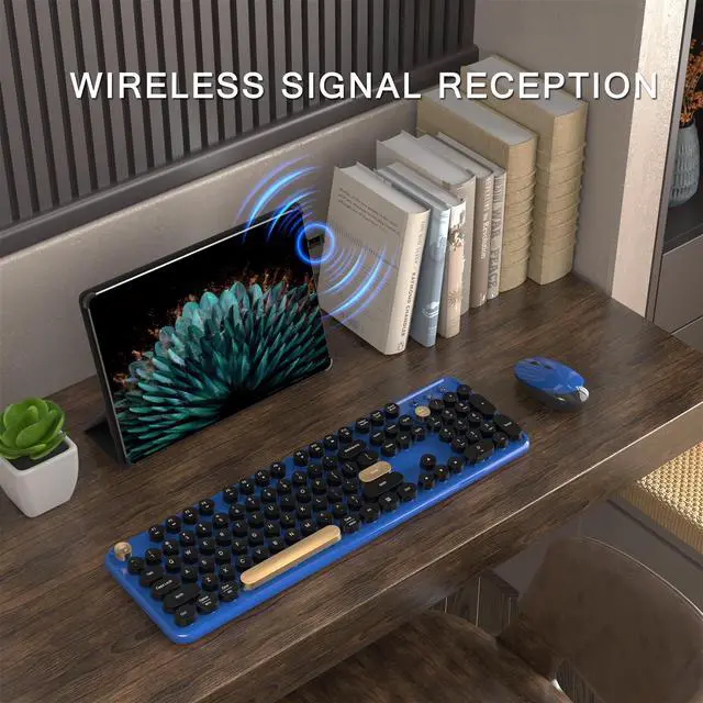 Alt view image 2 of 6 - Colorful Wireless Computer Keyboard and Mouse Combo with Round Typewriter Keycaps, Retro Design, Power Switch, Ergonomic Design, 2.4GHz Wireless for Windows, Mac, PC(Black-Blue)