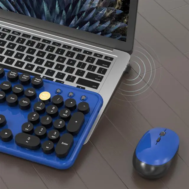 Alt view image 4 of 6 - Colorful Wireless Computer Keyboard and Mouse Combo with Round Typewriter Keycaps, Retro Design, Power Switch, Ergonomic Design, 2.4GHz Wireless for Windows, Mac, PC(Black-Blue)