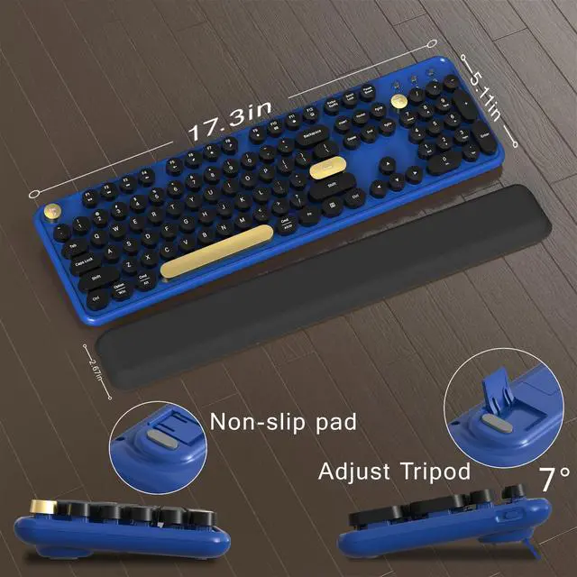 Alt view image 6 of 6 - Colorful Wireless Computer Keyboard and Mouse Combo with Round Typewriter Keycaps, Retro Design, Power Switch, Ergonomic Design, 2.4GHz Wireless for Windows, Mac, PC(Black-Blue)