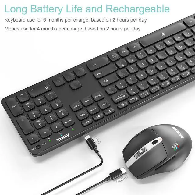 Alt view image 5 of 7 - Universal Multi-Device Bluetooth Keyboard and Mouse Full Size Wireless Bluetooth Keyboard and Ergonomic Mouse Set for Windows, iOS, Android, Computer Desktop PC Laptop iPad Tablet Smartphone