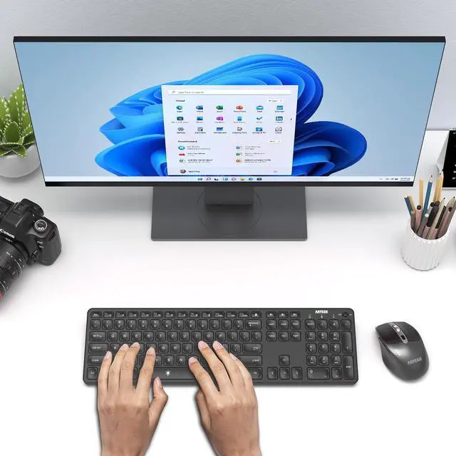 Alt view image 7 of 7 - Universal Multi-Device Bluetooth Keyboard and Mouse Full Size Wireless Bluetooth Keyboard and Ergonomic Mouse Set for Windows, iOS, Android, Computer Desktop PC Laptop iPad Tablet Smartphone