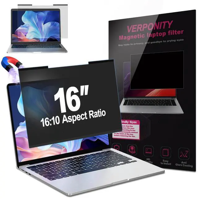 Main image of Magnetic Laptop Privacy Screen 16 Inch 16:10 Display, Removable Computer Screen Privacy Shield, Anti-Glare Blue Light Protector Compatible with Dell Hp Lenovo Acer Asus Samsung