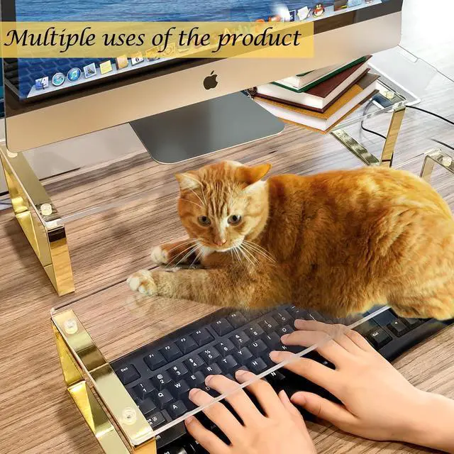 Alt view image 2 of 7 - Keyboard Cat Protector - 20" Large Monitor Stand 2 in 1 Clear Acrylic Keyboard Cover Long Acrylic Monitor Stand Keyboard Protective Cover