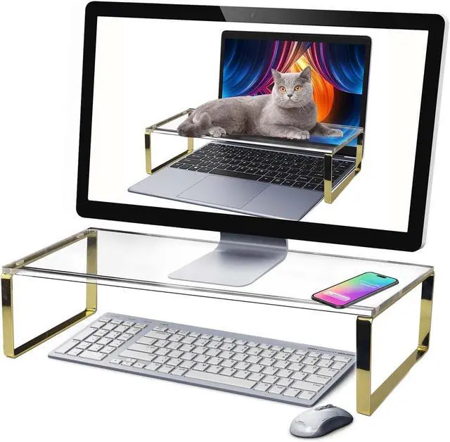 Alt view image 3 of 7 - Keyboard Cat Protector - 20" Large Monitor Stand 2 in 1 Clear Acrylic Keyboard Cover Long Acrylic Monitor Stand Keyboard Protective Cover