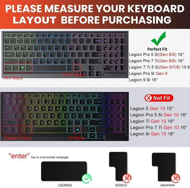 Alt view image 2 of 7 - Keyboard Cover for Lenovo Legion Pro 5 5i 7 7i (Gen 8/9) 16" / Legion Pro 9i Gen 9 16/Legion 9 16IRX9/Legion Slim 7 7i(Gen9/Gen 8/7/6) 15.6, Legion 5 5i 5p 5pi 7i 15.6 17.3 / LOQ 15.6" 16"-Black