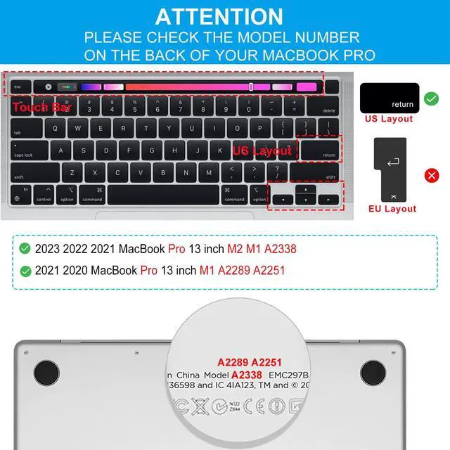 Alt view image 2 of 7 - Premium Keyboard Cover for MacBook Pro 13 inch M2 2023 2022, 2021 2020 M1 A2338 A2289 A2251 Ultra Thin US Keyboard Protector for MacBook Pro 13 with Touch Bar -Clear
