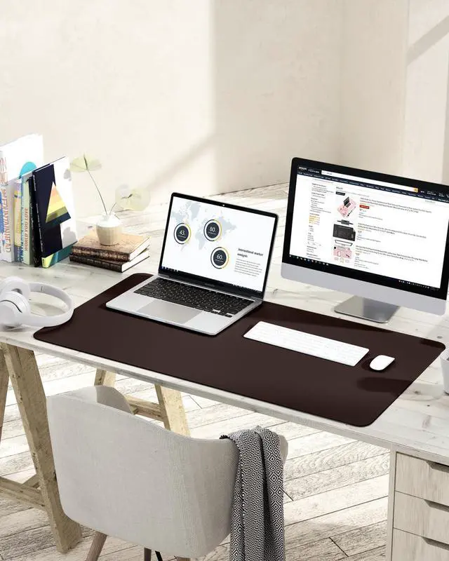 Alt view image 2 of 7 - Non-Slip Leather Desk Pad L Size, Waterproof Laptop Computer Desk Keyboard Mat, Table Protector Blotter Mat, Large Mouse Pad for Office/Work/Home/Decor(Dark Brown, 35.4" x 17")