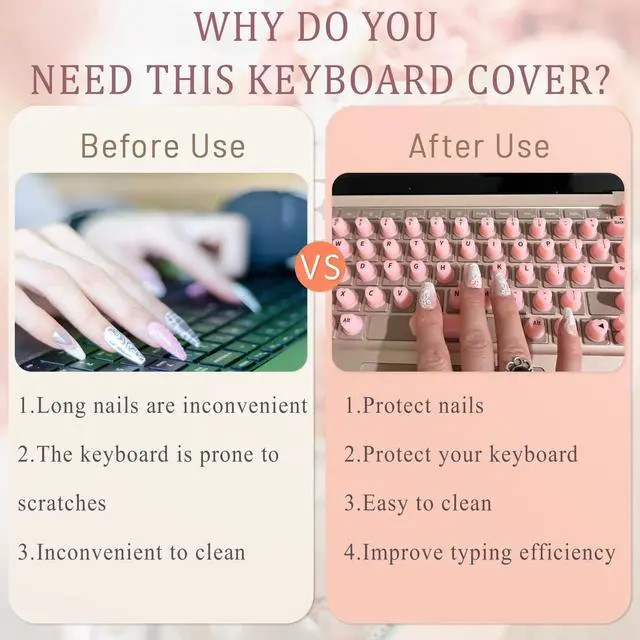 Alt view image 5 of 6 - Keyboard Cover for Long Nails, Acrylic Gel Nails - Silicone Keyboard Protector Skin with Raised Keys for Typing and Gaming, Compatible with MacBook Pro/Air 13"/14"/15"/16" 2020-2025 (Pink)
