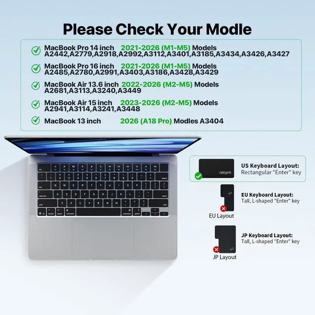 Alt view image 2 of 7 - Ultra Thin Keyboard Cover for 2025-2021 M5/M4/M3/M2/M1 Pro/Max MacBook Pro 14/16, M5-M2 MacBook Air 13/15, MacBook Neo, Premium TPU Keyboard Protector - Clear