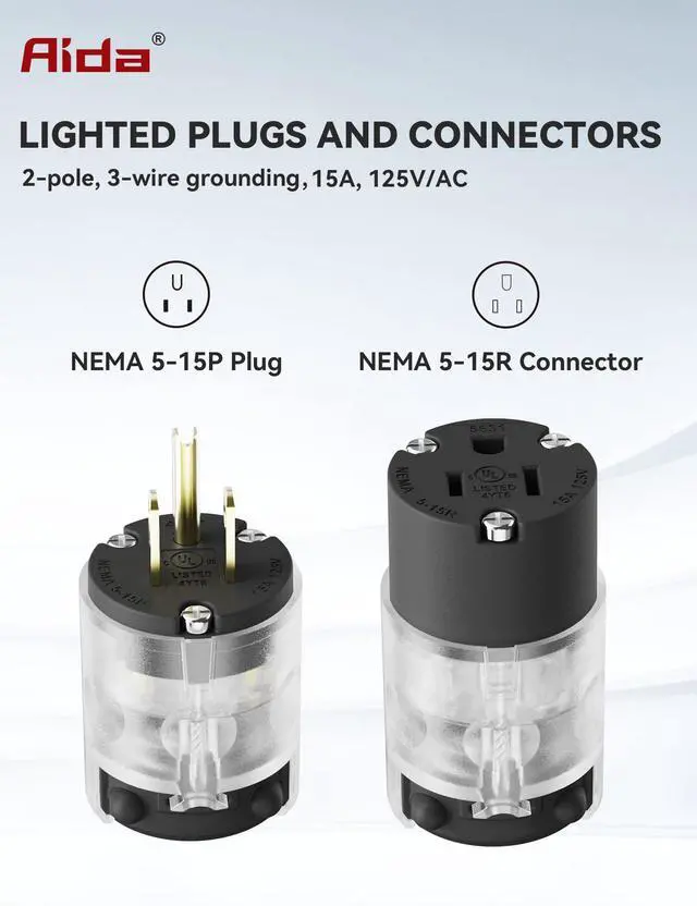 Alt view image 2 of 7 - Lighted Plug and Connector Set, Straight Blade Cord End Replacement, 15 Amp 125Volt, NEMA 5-15P & NEMA 5-15R, 2 Pole 3Wire Grounding, Black, 1 Set