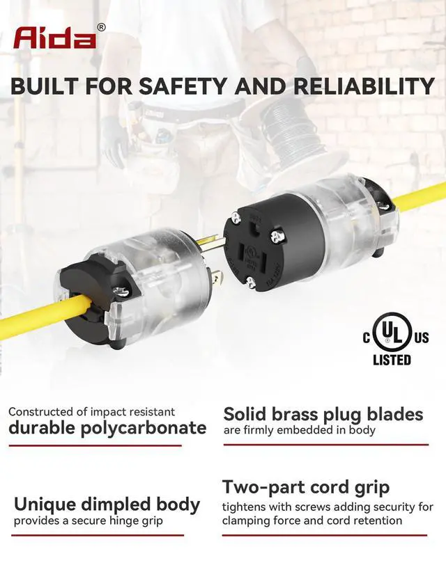 Alt view image 4 of 7 - Lighted Plug and Connector Set, Straight Blade Cord End Replacement, 15 Amp 125Volt, NEMA 5-15P & NEMA 5-15R, 2 Pole 3Wire Grounding, Black, 1 Set