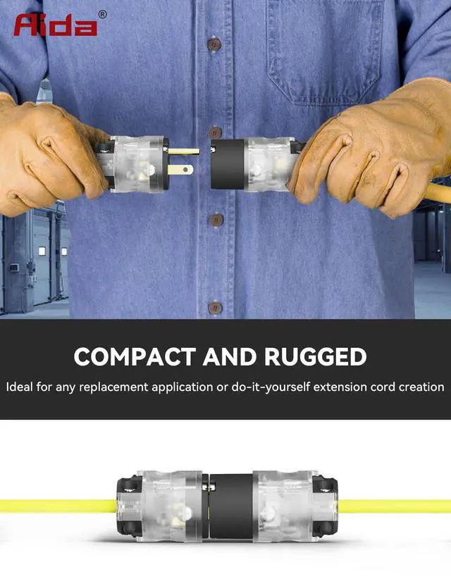 Alt view image 6 of 7 - Lighted Plug and Connector Set, Straight Blade Cord End Replacement, 15 Amp 125Volt, NEMA 5-15P & NEMA 5-15R, 2 Pole 3Wire Grounding, Black, 1 Set
