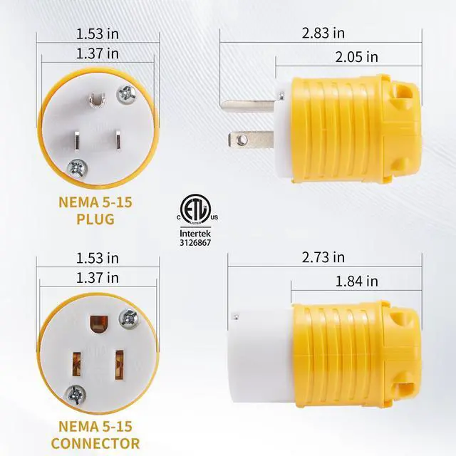 Alt view image 3 of 6 - Extension Cord Ends Male and Female 1 Set, 15 Amp 125 Volt NEMA 5-15 Heavy Duty Replacement Plug and Connector Set, 2P 3W Industrial Grade 3-Prong Straight Blade Grounding Type, ETL Listed