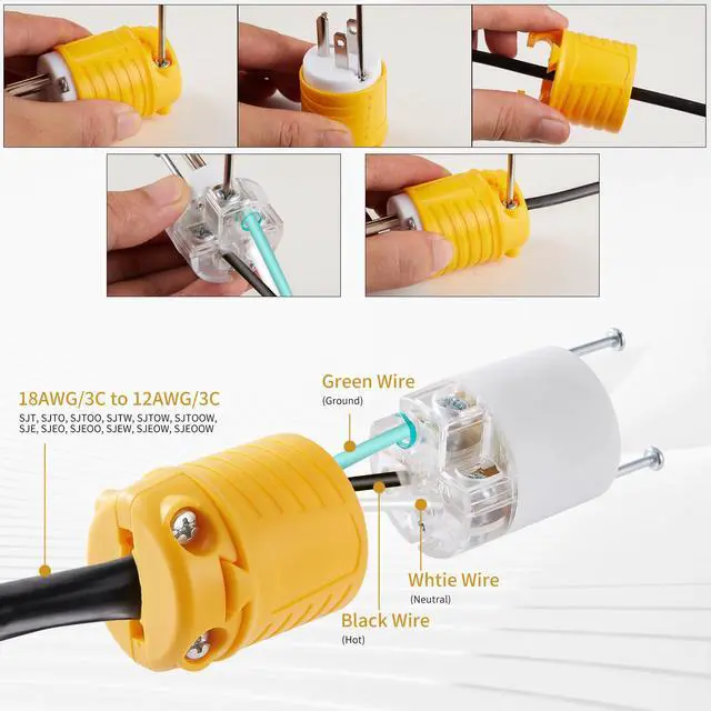 Alt view image 6 of 6 - Extension Cord Ends Male and Female 1 Set, 15 Amp 125 Volt NEMA 5-15 Heavy Duty Replacement Plug and Connector Set, 2P 3W Industrial Grade 3-Prong Straight Blade Grounding Type, ETL Listed