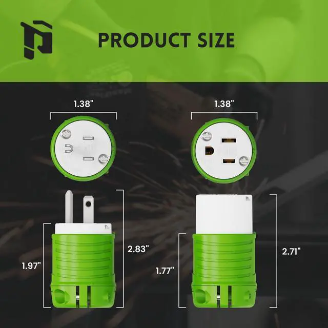 Alt view image 2 of 6 - Extension Cord Ends Male and Female, Replacement Plug & Connector Set, 3 Prong, 15Amp, 125Volt, NEMA 5-15P & NEMA 5-15R, ETL Listed, 5 Set, Green