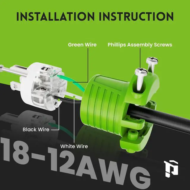Alt view image 3 of 6 - Extension Cord Ends Male and Female, Replacement Plug & Connector Set, 3 Prong, 15Amp, 125Volt, NEMA 5-15P & NEMA 5-15R, ETL Listed, 5 Set, Green