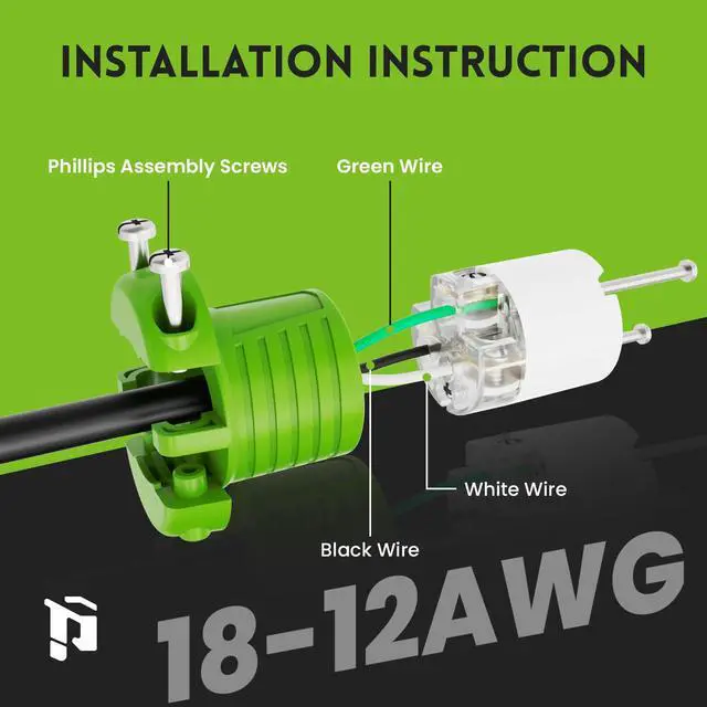 Alt view image 4 of 6 - Extension Cord Ends Male and Female, Replacement Plug & Connector Set, 3 Prong, 15Amp, 125Volt, NEMA 5-15P & NEMA 5-15R, ETL Listed, 5 Set, Green