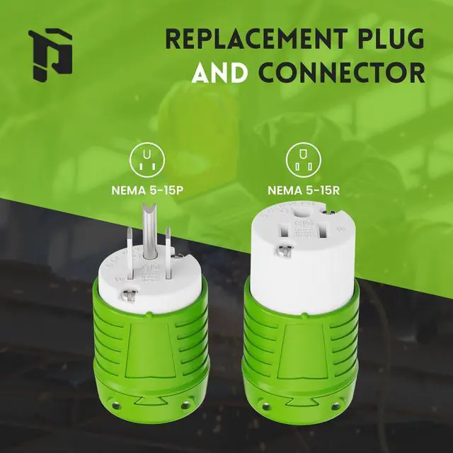 Alt view image 6 of 6 - Extension Cord Ends Male and Female, Replacement Plug & Connector Set, 3 Prong, 15Amp, 125Volt, NEMA 5-15P & NEMA 5-15R, ETL Listed, 5 Set, Green