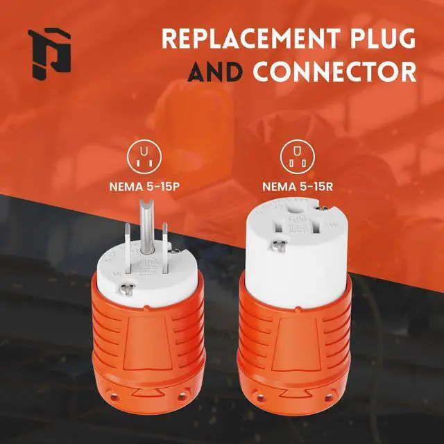 Alt view image 2 of 6 - Extension Cord Ends Male and Female, Replacement Plug & Connector Set, 3 Prong, 15Amp, 125Volt, NEMA 5-15P & NEMA 5-15R, ETL Listed, 5 Set, Orange