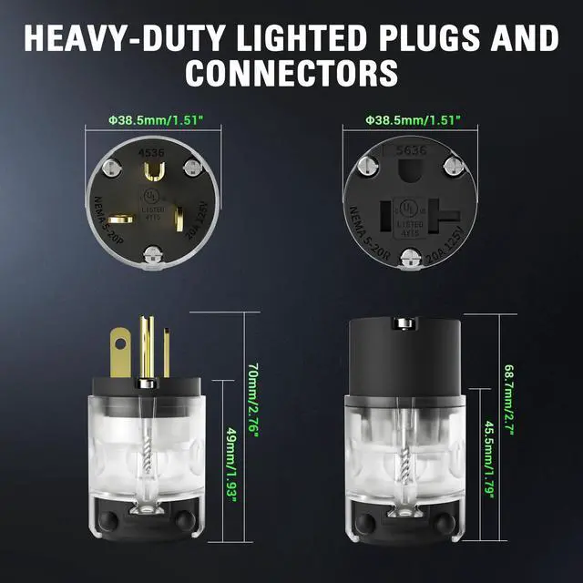 Alt view image 2 of 7 - 1 Pack 20 Amp Lighted Female Connector Extension Cord Repair Female End, Straight Blade Cord End Replacement, 20 Amp 125Volt, NEMA 5-20R, 2 Pole 3Wire Grounding,UL-Listed