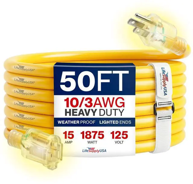 Main image of 50ft Outdoor/Indoor Extension Cord 10/3 Gauge Ultra Heavy Duty 3 Prong SJTW, Waterproof, Flexible Cold-Resistant Long Power Cord,15A 125V 1875W, Yellow