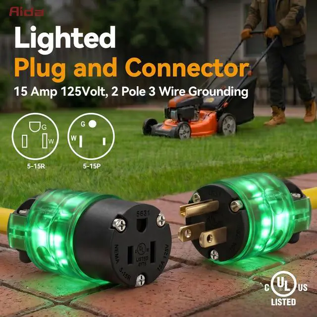 Alt view image 2 of 7 - Lighted Plug and Connector Set, Straight Blade Cord End Replacement, 15 Amp 125Volt, NEMA 5-15P & NEMA 5-15R, 2 Pole 3Wire Grounding, Black, 1 Set