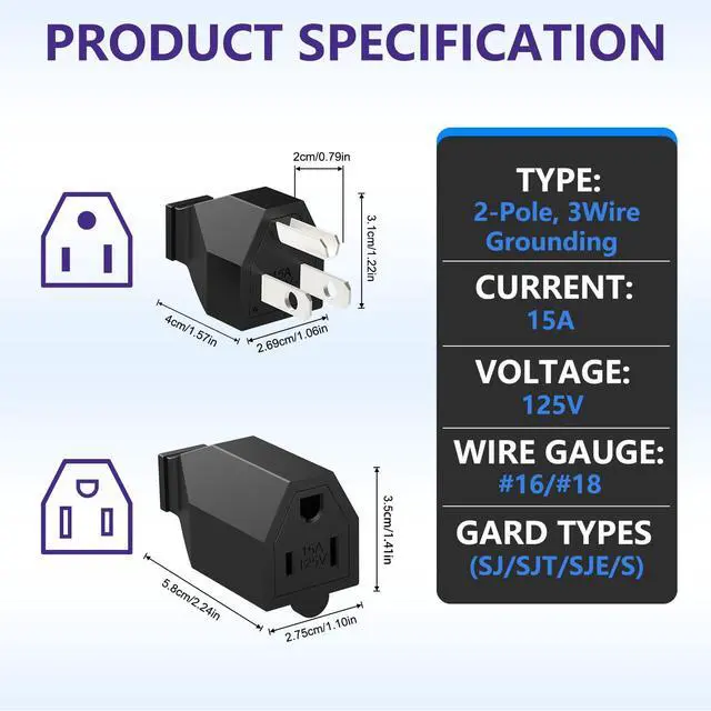 Alt view image 3 of 7 - Electrical Replacement Plug Ends, Extension Cord Ends 125V 15A 2Pole 3Wire Male & Female Connectors (Male and Female Set)