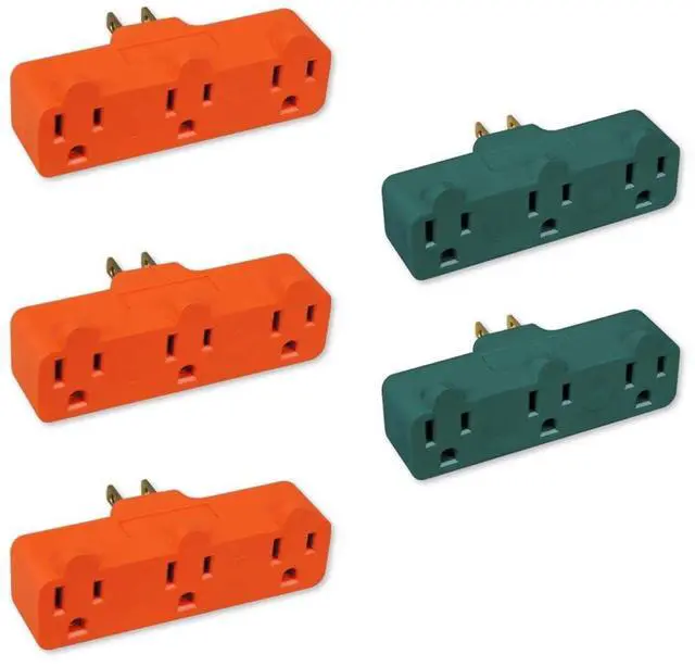Main image of 3-Prong 3-Outlet Extender Adapter, Heavy Duty Triple Grounding Outlet. 5 Pack