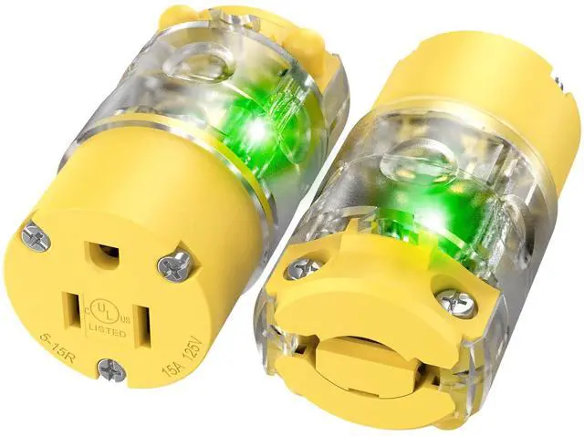 Main image of 110V Female Plugs Receptacles Illuminated Electrical Outlets Drop Cord Extension Cord Replacement Ends with Green Neon Light NEMA 5-15R 15 Amp 120 Volt UL Listed 2-Pack