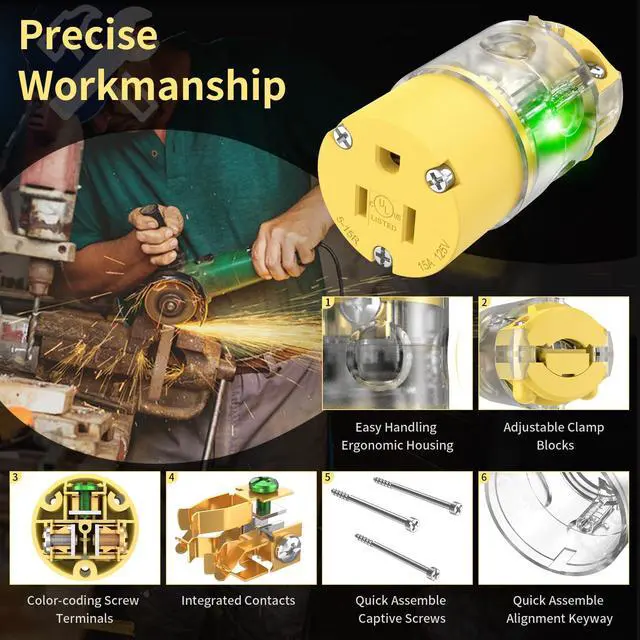 Alt view image 3 of 7 - 110V Female Plugs Receptacles Illuminated Electrical Outlets Drop Cord Extension Cord Replacement Ends with Green Neon Light NEMA 5-15R 15 Amp 120 Volt UL Listed 2-Pack