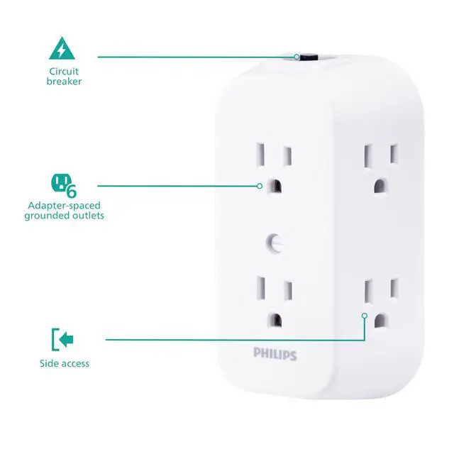 Alt view image 2 of 6 - 6-Outlet Extender, Grounded Wall Tap, Reset Button, Circuit Breaker, Adapter Spaced Outlets, 3-Prong, Multiple Plug, Quick and Easy Install, Cruise Essentials, ETL Listed, White, SPS1460WA/37