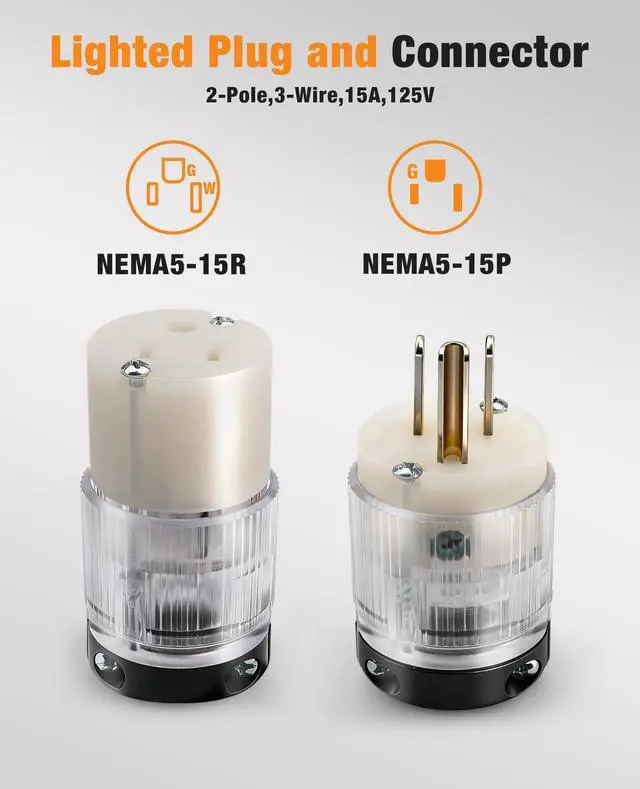 Alt view image 3 of 7 - Lighted Extension Cord EndsNEMA 5-15P & NEMA 5-15R, 2 Pole 3Wire Grounding15A 125V Extension Cord Replacement Ends 3 ProngElectric Plug Replacement for Generator, RV, Welding Equipment, UL Listed