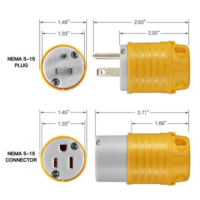 Alt view image 3 of 7 - Extension Cord Ends Male and Female, 15 Amp 125 Volt Heavy Duty Replacement Plug & Connector Set, Straight Blade Plugs Grounding Type/ETL Listed (5 Set)