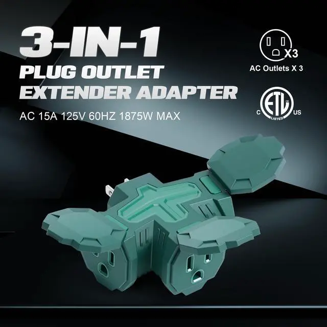 Alt view image 2 of 5 - Indoor Outdoor 3 Way Plug Outlet Wall Splitter Adapter with Safe Cover, Weatherproof Heavy Duty Electrical 15A Wall Multi Plug Outlet Extender for Holiday Decorations, Garden, Garage, Patio,Home-Green