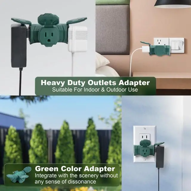 Alt view image 4 of 5 - Indoor Outdoor 3 Way Plug Outlet Wall Splitter Adapter with Safe Cover, Weatherproof Heavy Duty Electrical 15A Wall Multi Plug Outlet Extender for Holiday Decorations, Garden, Garage, Patio,Home-Green