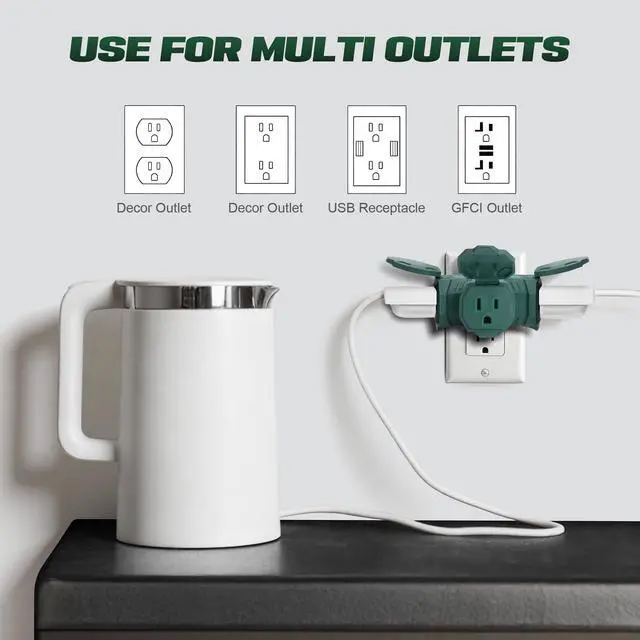 Alt view image 5 of 5 - Indoor Outdoor 3 Way Plug Outlet Wall Splitter Adapter with Safe Cover, Weatherproof Heavy Duty Electrical 15A Wall Multi Plug Outlet Extender for Holiday Decorations, Garden, Garage, Patio,Home-Green