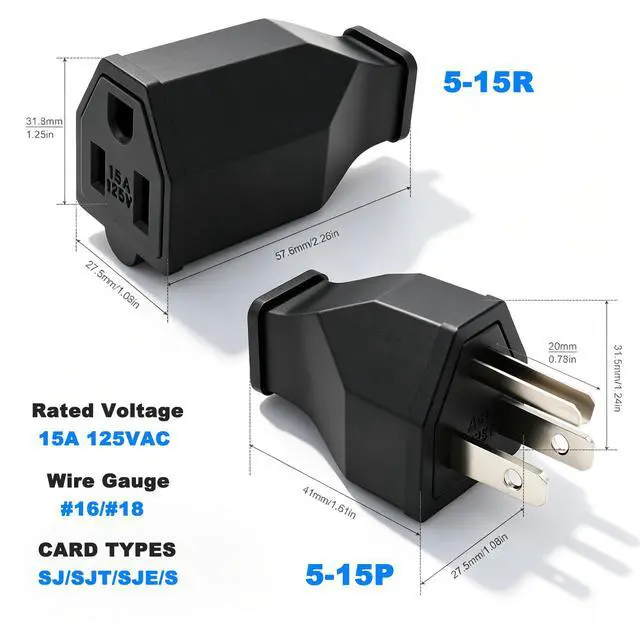 Alt view image 2 of 5 - Extension Cord Ends Male and Female Repair Replacement, 125V 15A 2 Pole 3 Wire Straight Blade Electrical Plug and Connector, Black (2 Sets)