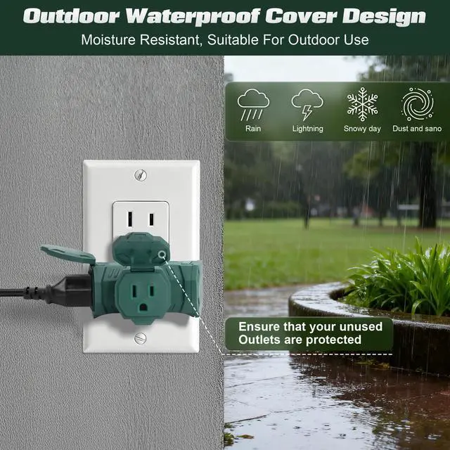 Alt view image 3 of 5 - Indoor Outdoor 3 Way Plug Outlet Wall Splitter Adapter with Safe Cover, Weatherproof Heavy Duty Electrical 15A Wall Multi Plug Outlet Extender for Holiday Decorations, Garden, Garage, Patio,Home-Green