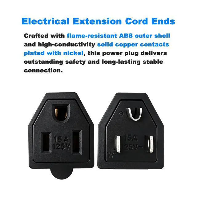 Alt view image 3 of 5 - Extension Cord Ends Male and Female Repair Replacement, 125V 15A 2 Pole 3 Wire Straight Blade Electrical Plug and Connector, Black (2 Sets)