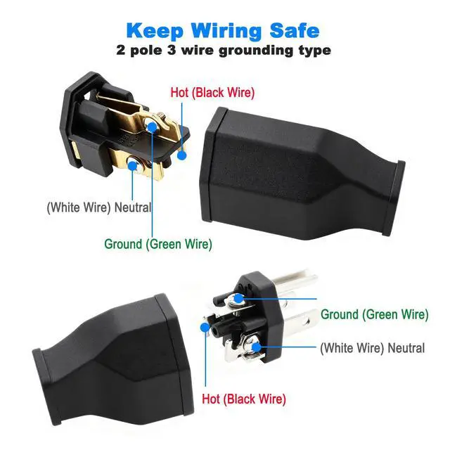 Alt view image 4 of 5 - Extension Cord Ends Male and Female Repair Replacement, 125V 15A 2 Pole 3 Wire Straight Blade Electrical Plug and Connector, Black (2 Sets)