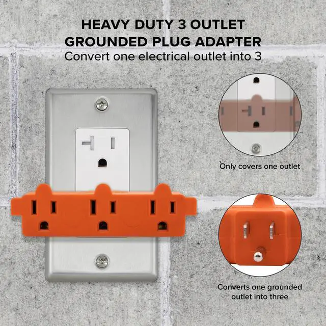 Alt view image 5 of 7 - Heavy Duty 3 Grounded Multi Outlet Adapter, Orange Wall Plug, 4 Pk