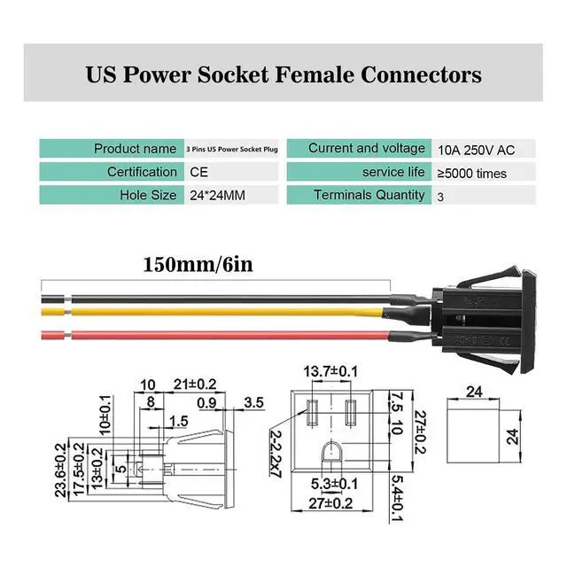 Alt view image 2 of 2 - 5Pcs 3 Pins US Power Socket Plug Panel with 18AWG Connection Line,15A 125V Panel Mount Outlet Plug Female Connectors Adapter