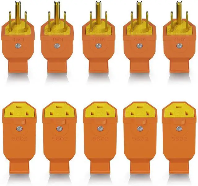 Main image of Extension Cord Ends - Male & Female Replacement Plug & Connector Set, Straight Blade, 15A 125V, 2 Pole 3 Wire Grounding, UL Listed, Orange, 5 Sets
