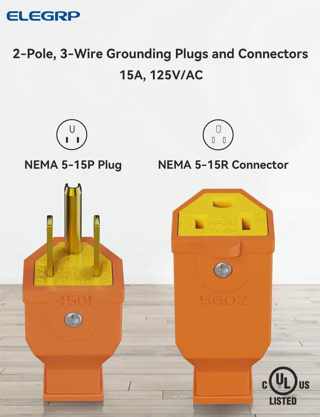 Alt view image 2 of 7 - Extension Cord Ends - Male & Female Replacement Plug & Connector Set, Straight Blade, 15A 125V, 2 Pole 3 Wire Grounding, UL Listed, Orange, 5 Sets