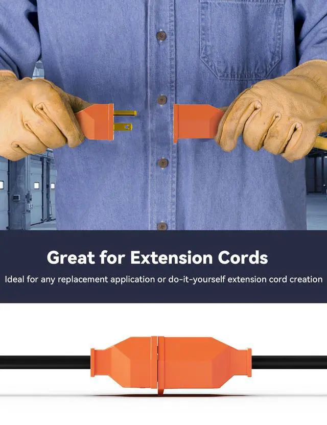Alt view image 4 of 7 - Extension Cord Ends - Male & Female Replacement Plug & Connector Set, Straight Blade, 15A 125V, 2 Pole 3 Wire Grounding, UL Listed, Orange, 5 Sets