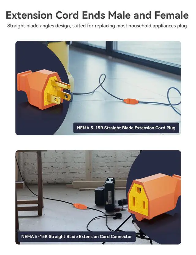 Alt view image 5 of 7 - Extension Cord Ends - Male & Female Replacement Plug & Connector Set, Straight Blade, 15A 125V, 2 Pole 3 Wire Grounding, UL Listed, Orange, 5 Sets