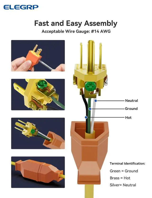 Alt view image 6 of 7 - Extension Cord Ends - Male & Female Replacement Plug & Connector Set, Straight Blade, 15A 125V, 2 Pole 3 Wire Grounding, UL Listed, Orange, 5 Sets